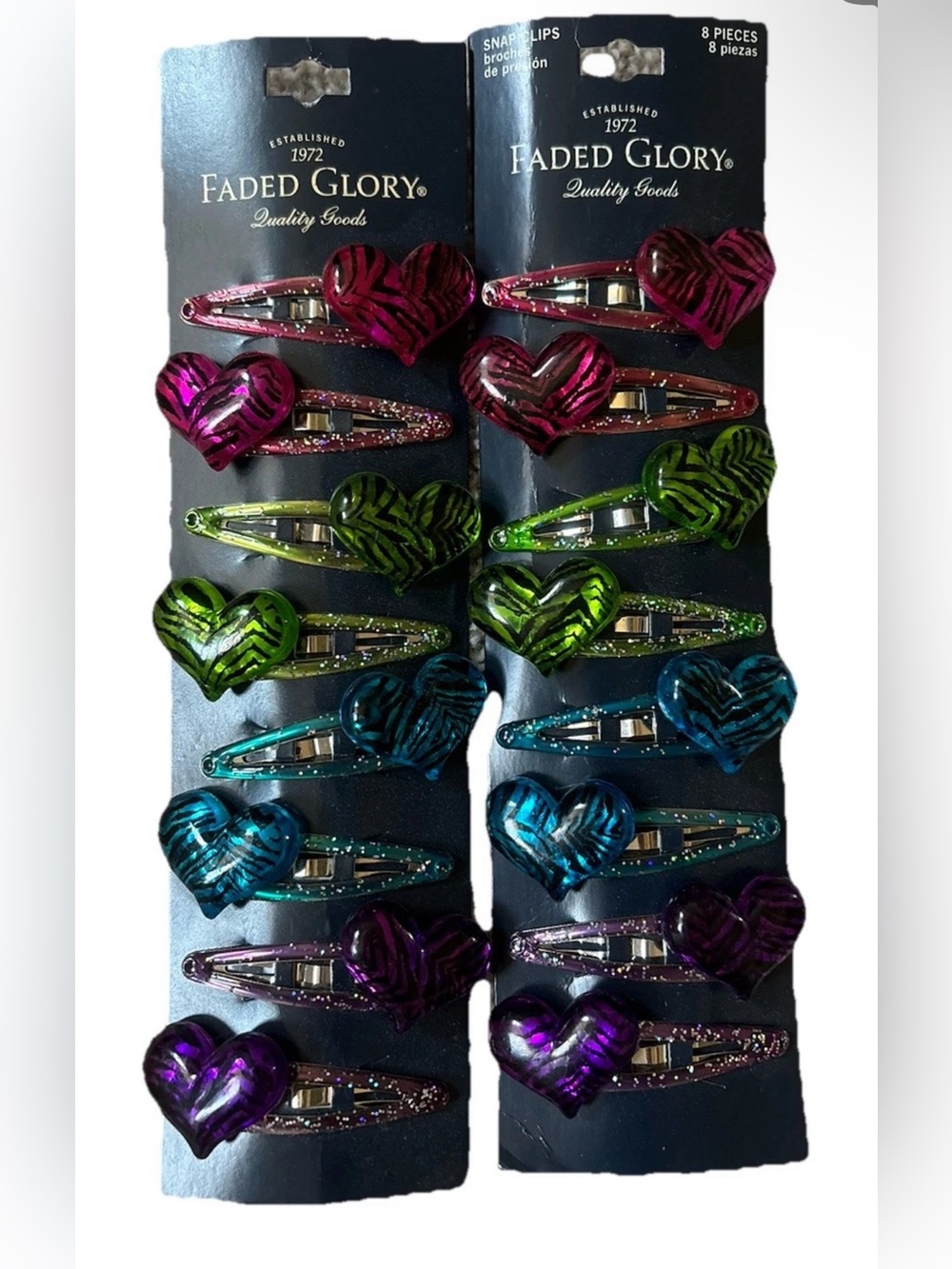 Faded Glory Glitter Heart Zebra Snap Clips in Pink, Green, Teal & Purple
